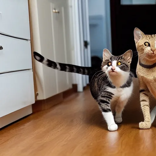 Prompt: two cats with the zoomies in their house