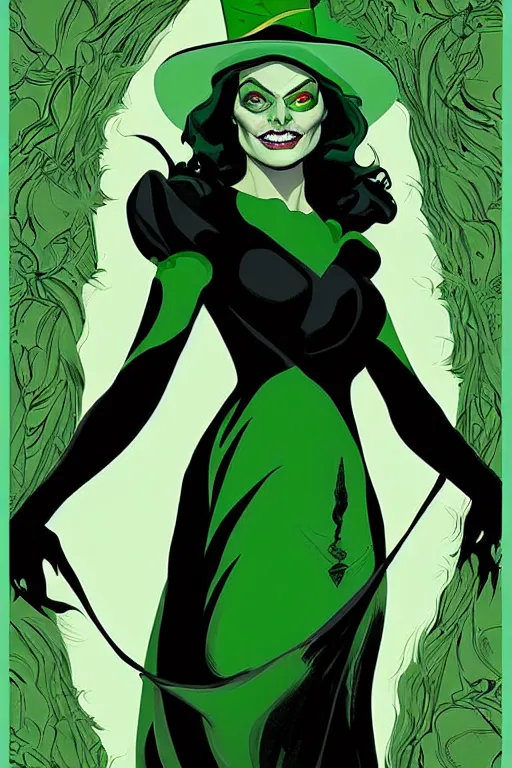 Prompt: Wicked witch of the west margot robbie, style of Joshua Middleton comic book art Nick Dragotta comic art, black and green eyes, symmetrical face, symmetrical eyes, scary smile, full body, dark green dress