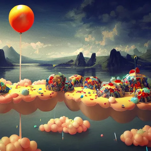 Image similar to a giant floating cake suspended to plenty of floating birthday balloons. beautiful landscape. digital art, highly - detailed, artstation cgsociety masterpiece