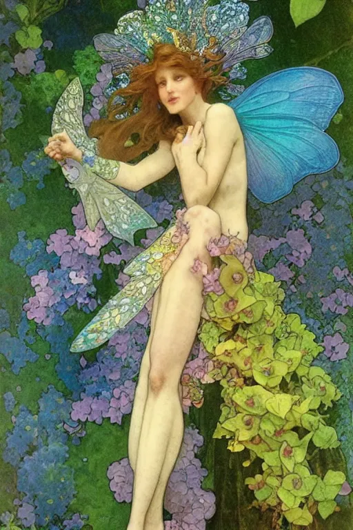 Image similar to a beautiful dressed faerie, detailed, rainbowshift, by maxfield parrish, alphonse mucha, brian froud