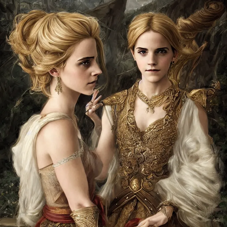 Prompt: emma watson a fantasy portrait of a beautiful noble elf princess with blonde hair and regal jewellry by bowater, charlie