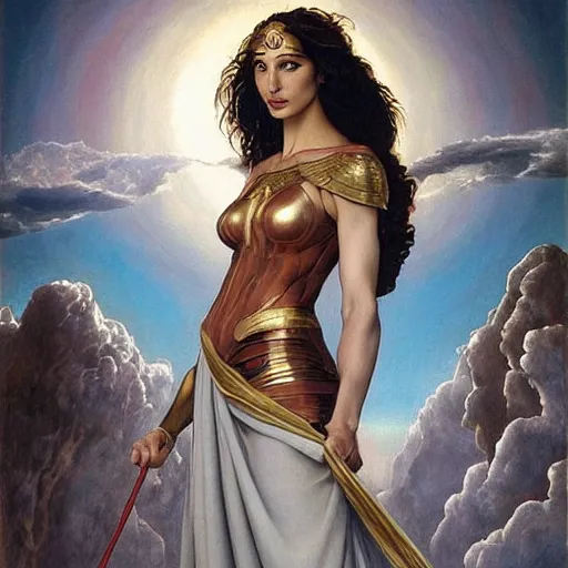 Prompt: Full body oil painting of the beautiful goddess Gal Gadot as Artemisa, she is wearing roman clothes and a surreal jewelry, her hair is natural disheveled, she is approaching heaven over the clouds, naturalism, dramatic lighting, high-detailed oil painting by Ilya Repin, Michelangelo da Caravaggio, William Blake, Alex Grey and Beksinski, trending on Artsation, hystorical painting, naturalism, masterpiece, 4k, 8k,