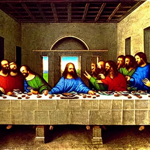 Prompt: the last supper mural painting by leonardo da vinci as an x - ray imaging photograph