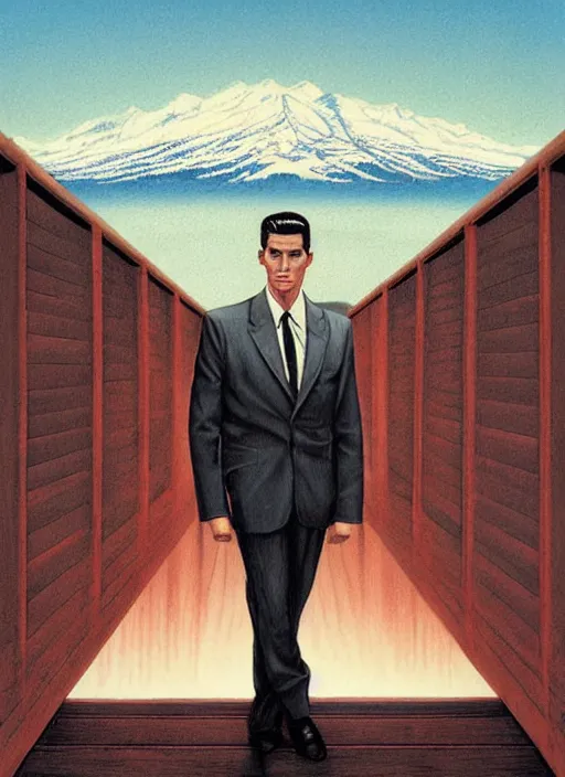 Image similar to dale cooper standing on a thin bridge, twin peaks poster art, from scene from twin peaks, by michael whelan, artgerm, retro, nostalgic, old fashioned, 1 9 8 0 s teen horror novel cover, book