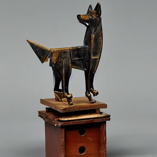 Prompt: 19th century mechanical automata depicting a wolf in a workshop