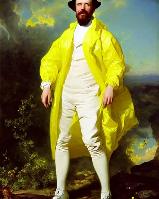 Prompt: a beautiful full body portrait of heisenberg wearing a yellow plastic lab coat, hazmat, bags of blue crystals surrounding him, art by franz xaver winterhalter, highly detailed, elegant, jewlery, romanticism, rococo, neoclassicism, 1 8 5 0 s style painting, oil on canvas, vivid