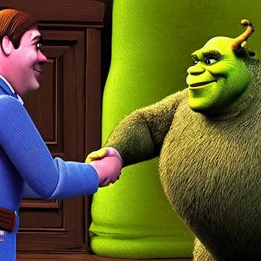 Image similar to movie frame screen shot, adolf hitler shaking hands with shrek, from shrek 2 ( 2 0 0 4 ), hd