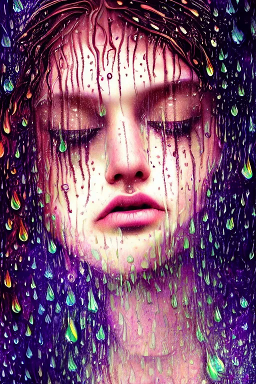 Prompt: portrait of a girl upside down psychedelic LSD rain with wet hair and face, fantasy, intricate, elegant, dramatic lighting, emotionally evoking symbolic metaphor, highly detailed, lifelike, photorealistic, digital painting, artstation, concept art, smooth, sharp focus, illustration, art by John Collier and Albert Aublet and Krenz Cushart and Artem Demura and Alphonse Mucha