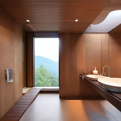 Prompt: a nice wooden bathroom , sink placed in a long wooden corner, wide horizontal window with a view to the Alpes, a technologic Japanese toilet, dichroic lights on the ceiling