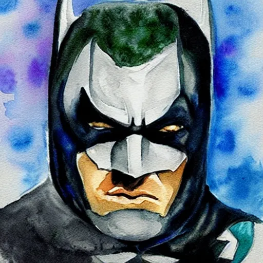 Prompt: “watercolor of Batman portrait from dark knight ”