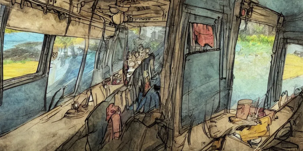 Image similar to inside sri lankan train, drawn by hayao miyazaki