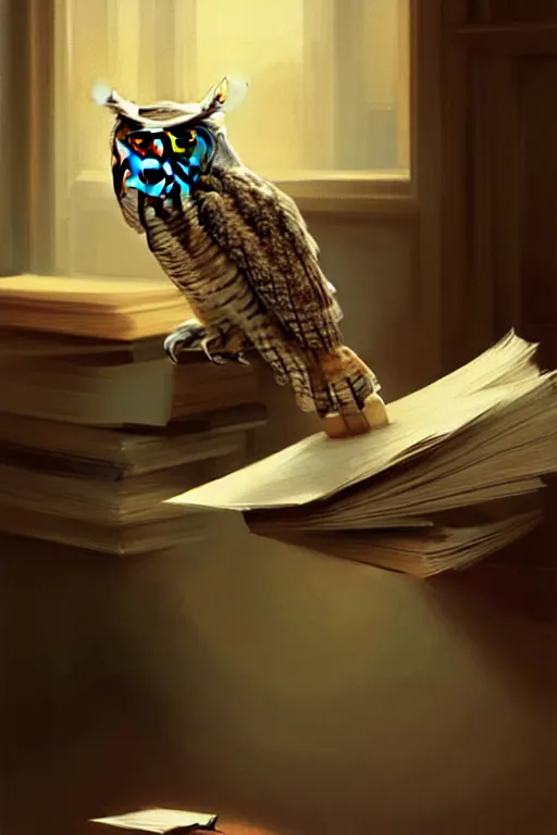 Image similar to An owl falling asleep on his papers he was studying., digital painting, artstation, concept art, soft light, hdri, smooth, sharp focus, illustration, art by tian zi, craig mullins, Mark Arian, WLOP, alphonse mucha