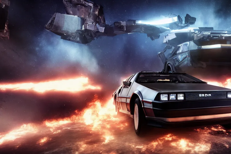 Image similar to ultra realistic delorean dmc 5 drifting on an ancient space highway wreckage in space, dark cinematic, volumetric, realistic, 3 d render, realistic render, cinematic lighting, volumetric lighting, atmospheric, cinematic, unreal engine 5, unreal engine render, octane render, hd, photorealism, hyper realistic, photo, 8 k