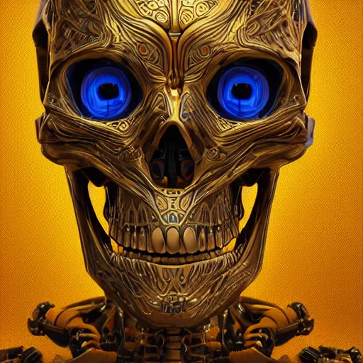 Image similar to hyperdetailed robotic skeleton head with blue human eyes, human eyes, symetry, golden ratio, iconography, intricate, detailed, volumetric lighting, scenery, digital painting, highly detailed, artstation, sharp focus, illustration, artstation, detailed vectorart