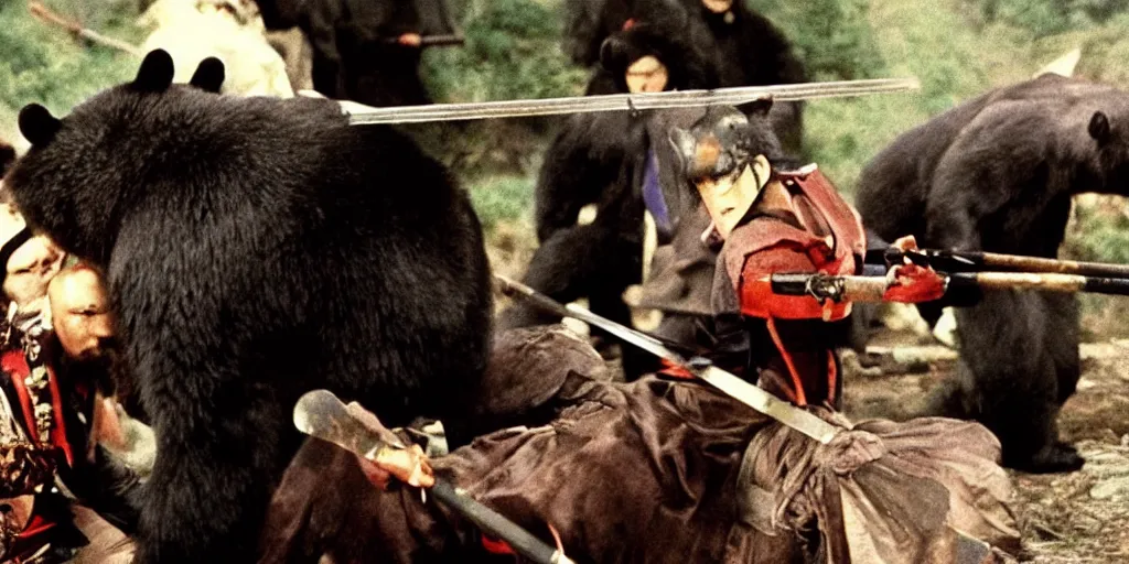 Image similar to scene from Kagemusha, 1980, movie still, cinematic, anthropomorphic, half man half asian black bear, black bear samurai, Moon Bear Samurai, epic, samurai