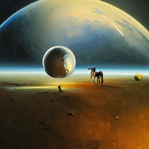 Prompt: sphere like horse, space, vacuum, hyperrealism, no blur, 4 k resolution, ultra detailed, style of ron cobb, adolf hiremy - hirschl, syd mead, ismail inceoglu, rene margitte