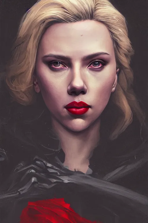 Image similar to a fancy portrait of a Scarlett Johansson as lady death by Greg Rutkowski, Sung Choi, Mitchell Mohrhauser, Maciej Kuciara, Johnson Ting, Maxim Verehin, Peter Konig, final fantasy , mythical, 8k photorealistic, cinematic lighting, HD, high details, atmospheric,