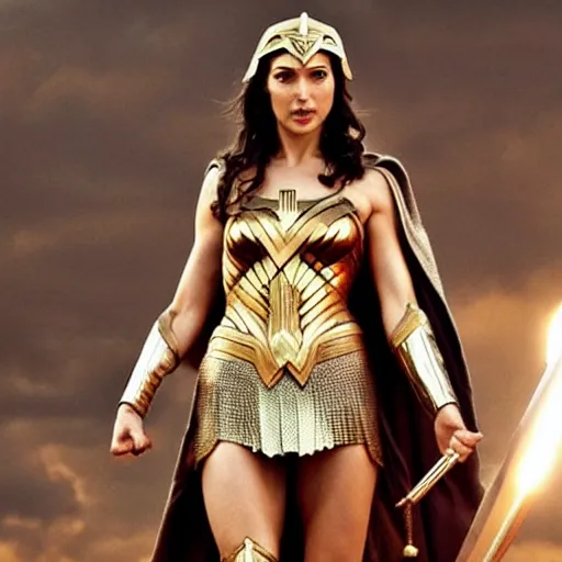 Image similar to gal gadot as the greek goddess athena in battle, scene from live action movie