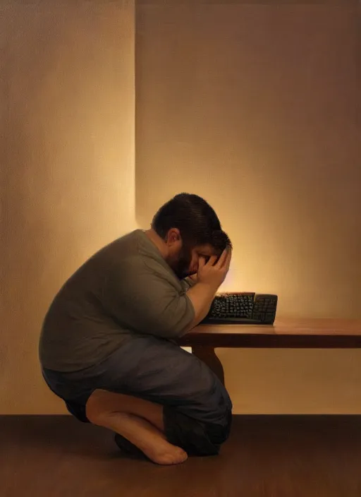 Image similar to insanely detailed chiaroscuro image of a sleepy - looking chubby programmer guy on his knees facing his glowing ultrawide monitor begging it for forgiveness, oil on canvas, masterwork, fine detail, trending on artstation, emotive, insanely compelling, ryden, koons, moebius