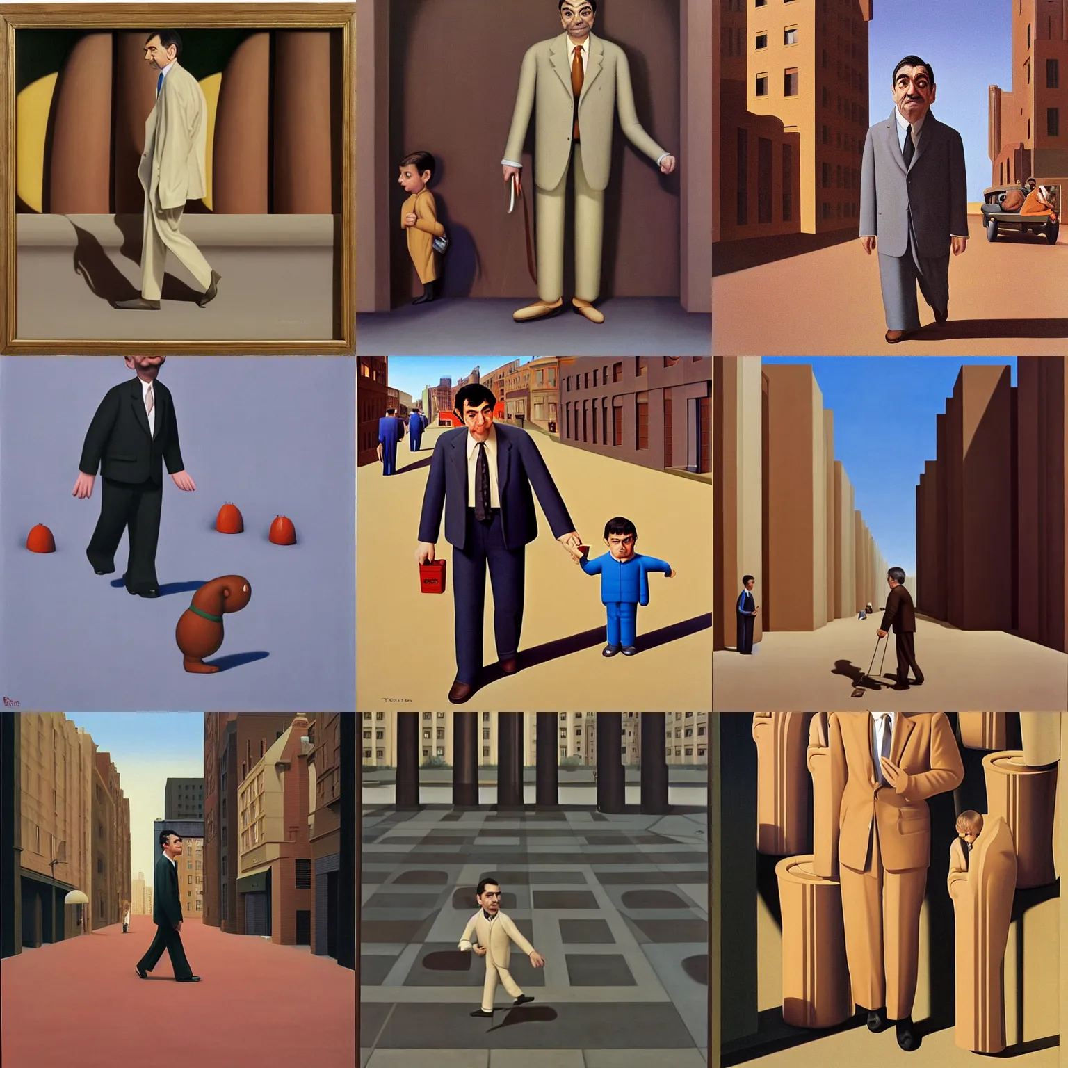 Prompt: mr. bean walks down a street on a sunny day by george tooker