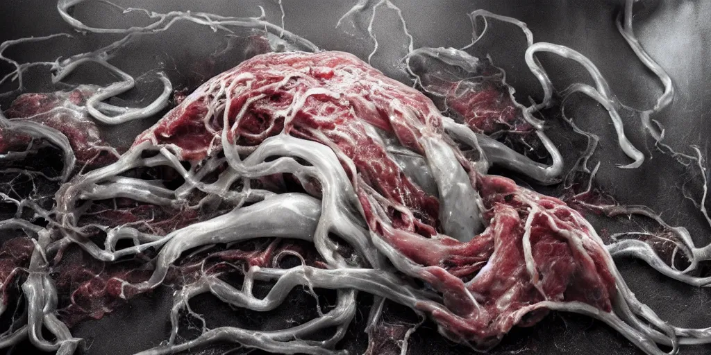 Prompt: a blood-oozing amorphous meat blob composed of muscle, bones, and writhing tendrils made of muscles and tendons absorbing a partially-melted animal in a dark derelict lab with broken glassware, cinematic, high-quality