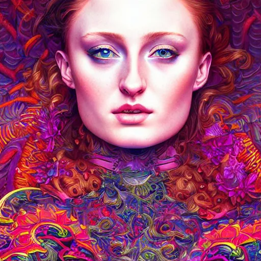 Image similar to portrait of sophie turner, hyper detailed masterpiece, neon floral pattern, jean giraud, digital art painting, darkwave goth aesthetic, psychedelic, artgerm, donato giancola and tom bagshaw