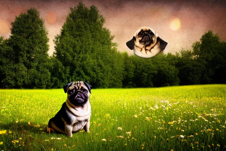 Prompt: a happy pug, single subject, peaceful flower meadow with some trees in the background, scenic full shot, ambient lighting, detailed face, by hr giger