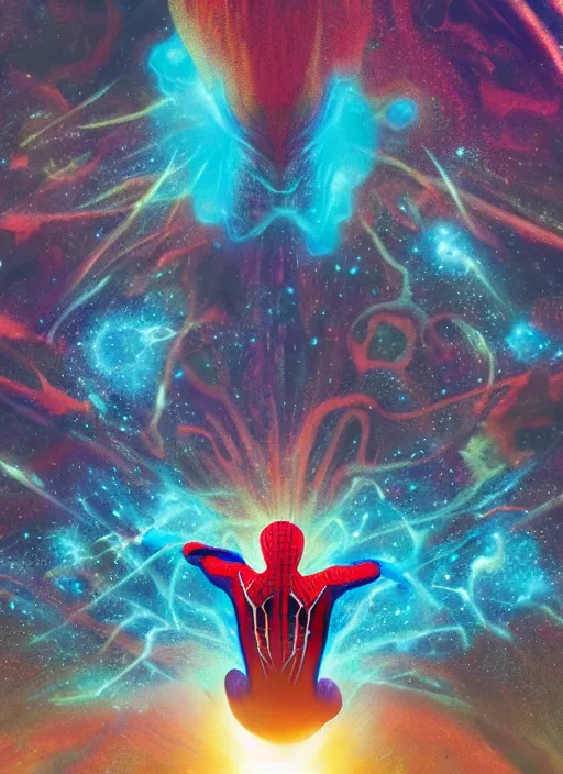 Image similar to cinematic still of Marvel Cosmic Spider-Man by Hiroshi Yoshida, Jean Moebius Giraud, Zdzisław Beksiński, wayne barlowe, Gerald Brom,James Jean. Cosmic Supernova Galaxies, explosion of stars background. beautiful natural volumetric light, rendered in octane, 8k,