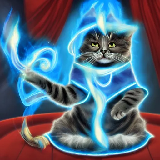 Prompt: A cat wizard wearing blue robes casting a fire spell, digital art