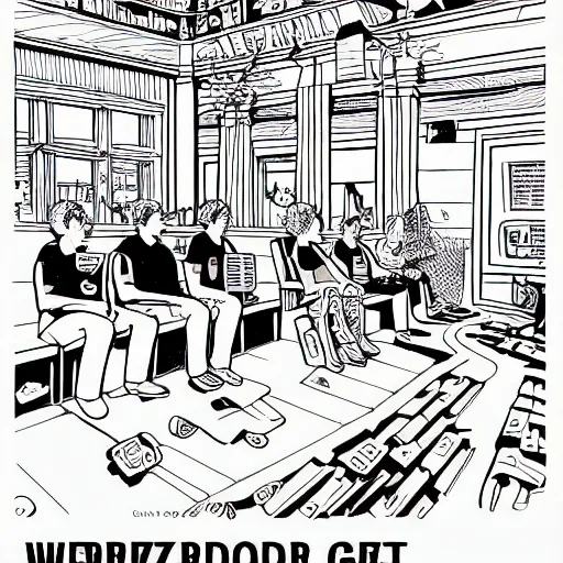 Image similar to werner herzog sits in the waiting area at the dmv holding bolt cutters. childrens coloring book, chris ware, nick drnaso, stylised graphic novel, black and white, coloring pages