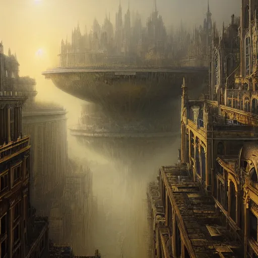 Prompt: a beautiful hyper realistic detailed matte painting of a city floating in the air might looks like creativity by john howe, greg rutkowski, aerial view, unreal engine, barometric projection, rectilinear, octane render, well - rendered, ellen jewett, beautiful surreal palatial pulsar at dawn, gustave dore, ferdinand knab, jeff easley