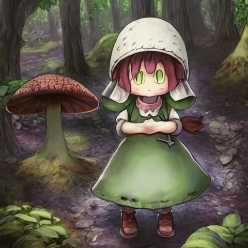 Image similar to cute little girl with a mushroom hat in dark forest, cute artwork, clean detailed, inspired in made in abyss