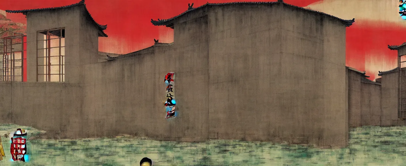 Image similar to a chinese prison near a river by peter doig, muted colors, overlaid with chinese adverts