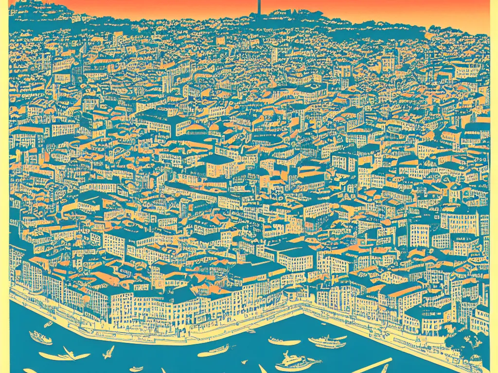 Prompt: Lisbon from a birds eye view, flat design, screen print by Kawase Hasui, jeffrey smith and Yves Klein