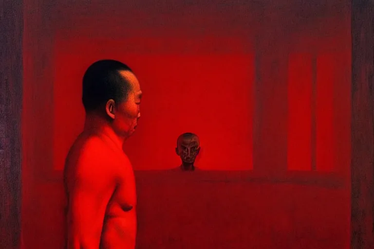 Image similar to a chinese prisoner, in the style of beksinski, parts by edward hopper, parts by rodcenko, parts by yue minjun, intricate and epic composition, red by caravaggio, insanely quality, highly detailed, masterpiece, red light, artstation, 4 k