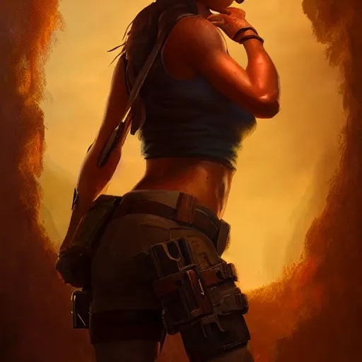 Image similar to realistic young Lara Croft portrait, atmospheric lighting, painted, intricate, volumetric lighting, beautiful, rich deep colors masterpiece, golden hour, sharp focus, ultra detailed, by Leesha Hannigan, Ross Tran, Thierry Doizon, Kai Carpenter, Ignacio Fernández Ríos