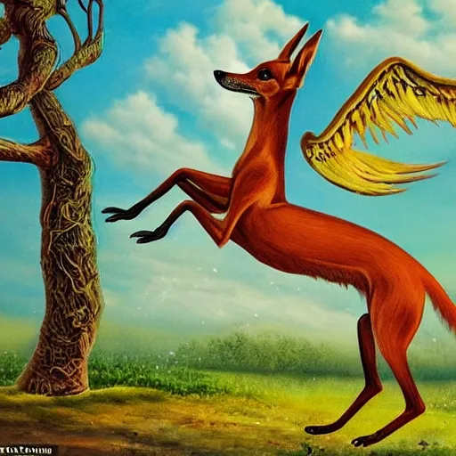 Prompt: a mexican greyhound flaps its wings dramatically as a crafty fox jumps out from behind a tree to take it down, fantasy art