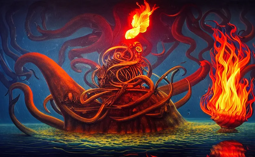 Image similar to mysterious bestiary of wild emotion monsters repressed in the deep sea of unconscious of the psyche lead by baba yaga, about to rip through and escape in a extraordinary revolution, dramatic fire glow lighting, surreal painting by ronny khalil