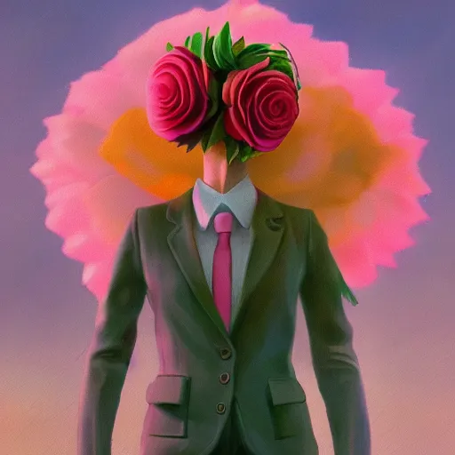 Image similar to giant rose flower head, frontal, girl in a suit, surreal photography, sunrise, dramatic light, impressionist painting, digital painting, artstation, simon stalenhag