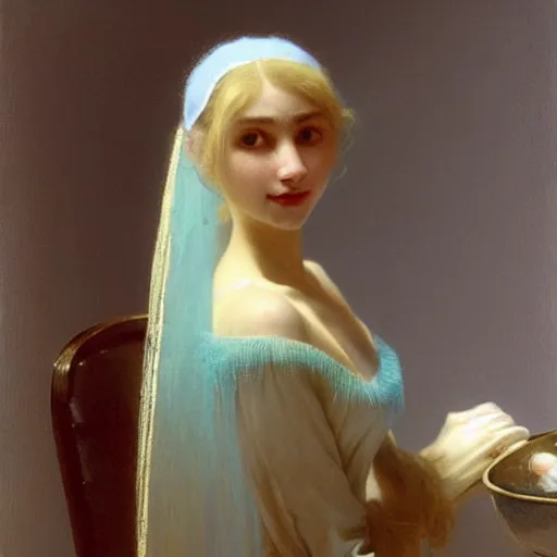 Image similar to a young woman’s face, her hair is white, she wears a long flowing blue satin veil, by ivan aivazovsky and pieter claesz and paul delaroche and alma tadema and august malmstrom and and willen claesz heda and aelbert cuyp and gerard ter borch, hyperrealistic, volumetric light, helios 40 lens, rendered in octane, c4d
