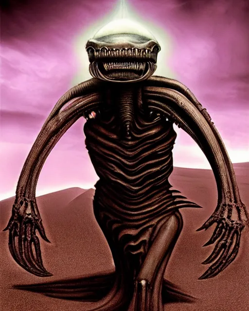 Image similar to dust goliath by h. r giger, beautiful alien desert, violet storm, unusual, cinematic, perfect, highly detailed, masterpiece, award winning