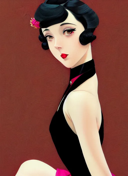 Image similar to a beautiful dancer with black hair in 1930's fashion, ballroom background, intricate, highly detailed, digital painting, artstation, official media, anime key visual, concept art, rich vivid colors, ambient lighting, sharp focus, illustration, art by Artgerm, Makoto Shinkai, Ilya Kuvshinov, Lois Van Baarle, and Rossdraws