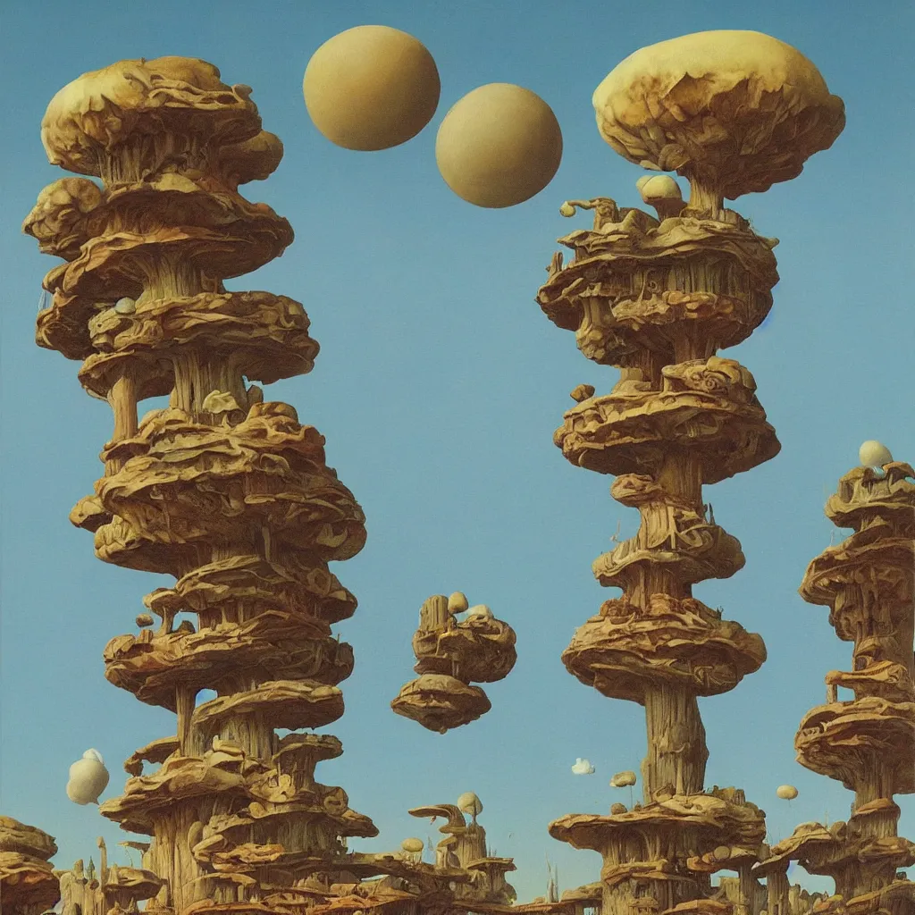 Prompt: a single! colorful!! fungus tower clear empty sky, a high contrast!! ultradetailed photorealistic painting by roger dean and giorgio de chirico, hard lighting, masterpiece