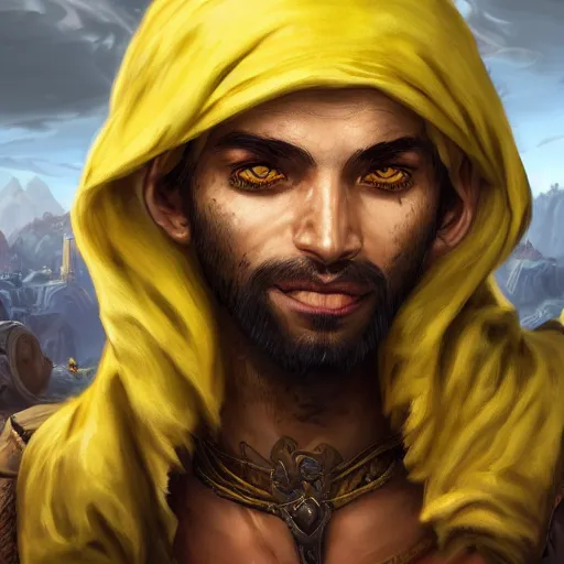 Image similar to portrait of young wild arabian nomad half werewolf, with yellow cloths, league of legends splash art, hearthstone splash art, full body shot, rule of thirds, ultrafine hyperrealistic detailed face, artgerm, greg rutkowski, trending on artstation, 8 k, intricately detailed, highly detailed