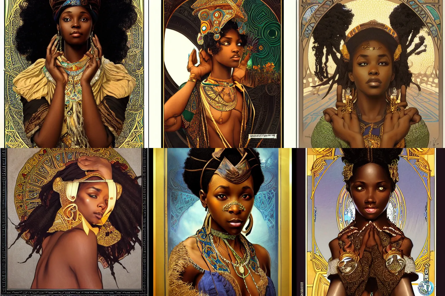 Prompt: black african princess, symmetric, highly detailed, concept art, intricate, sharp focus, illustration, rutkowski, artgerm, alphonse mucha, carl spitzweg