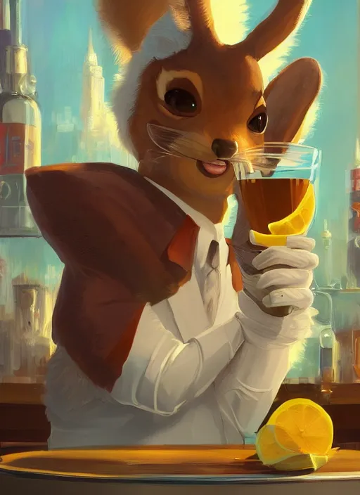 Image similar to squirrel anthro as a dapper bartender with an enormous fluffy tail, retro futurism, art deco, detailed painterly digital art by WLOP and Cory Loftis, 🐿🍸🍋, furaffinity, trending on artstation