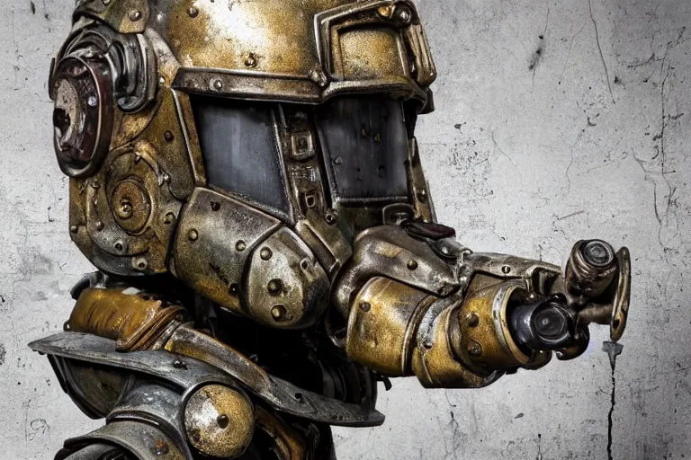 Prompt: low angle wide shot photo taken of an epic intricate, ultra detailed, super realistic gritty, hero prop, exquisitely weathered very clunky, bulky fallout 5 power armour suits movie prop replica's in a row in the workshop, created by weta workshop, full body shot, photorealistic, sharp focus, white wall, cold colour temperture, golden ratio