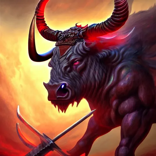 Image similar to epic bull headed minotaur beast in noble armor wielding giant axe, artwork, vivid colors, concept art, greek mythology, detailed, modern design, dark fantasy, digital painting, artstation, d&d