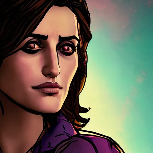 Image similar to penelope cruz portrait, borderlands, tales from the borderlands, the wolf among us, comic, cinematic lighting, studio quality, 8 k