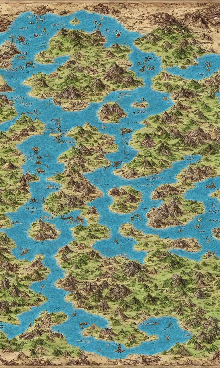 Prompt: an incredibly detailed map of a fantasy world showing a volcano, coastal cities, a large desert, and a few mountain chains, with elaborate biomes and illustrations